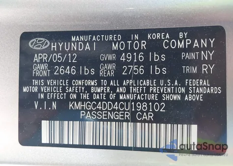 2012 Hyundai Genesis 3.8 z USA, uszkodzony, nr VIN KMHGC4DD4CU198102